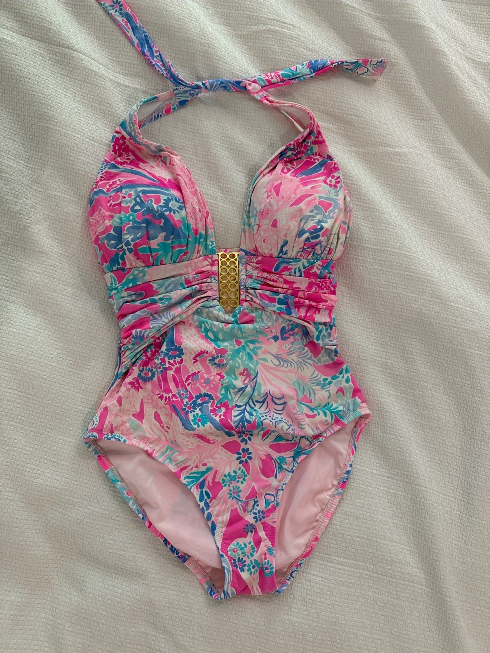 Lilly Pulitzer Pink Floral Halter One-Piece Swimsuit with Gold Accent